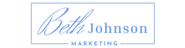 Logo with blue text that reads Beth Johnson Marketing on a white background